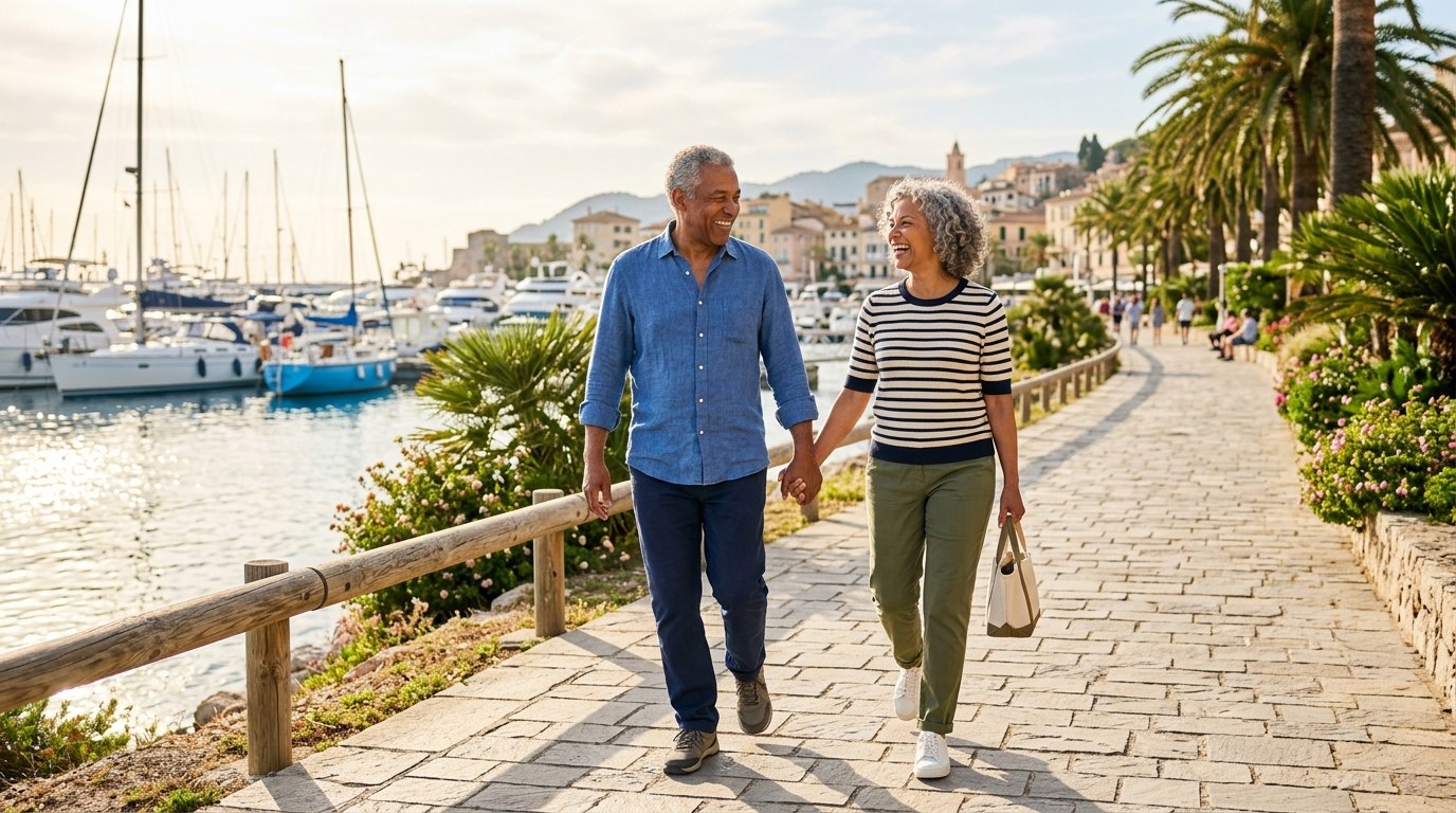 Older couple walking comfortably outdoors