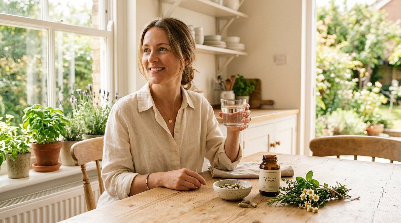 Morning wellness routine with botanicals and a glass of water