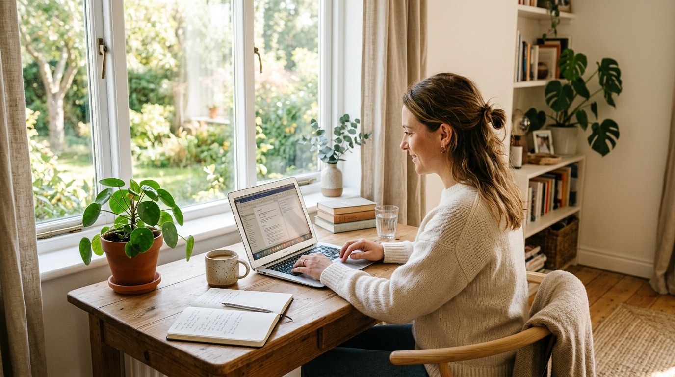 Person working from a bright home office