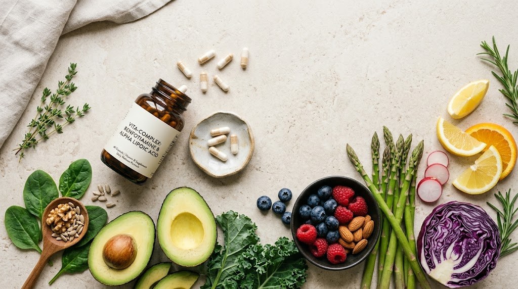Natural supplement capsules with B vitamin foods