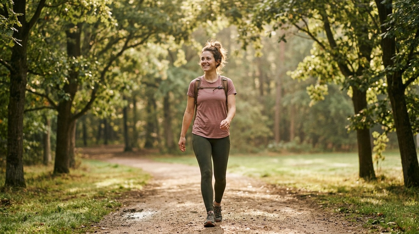 Walking outdoors feeling comfortable and settled after a consistent daily wellness routine