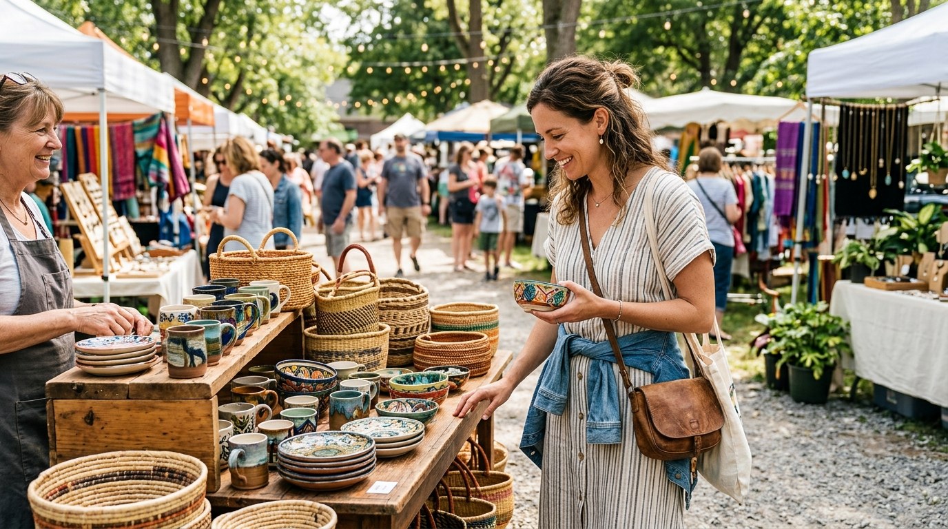 Woman at an artisan craft market with handmade goods